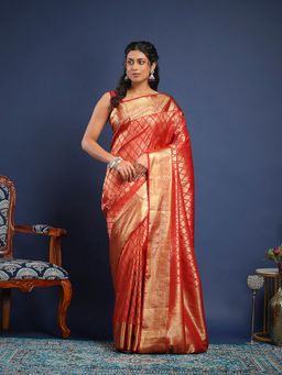 MEENA BAZAAR - Women Red Art Silk Handloom Saree Without Blouse