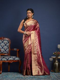 MEENA BAZAAR - Women Wine Art Silk Handloom Saree Without Blouse