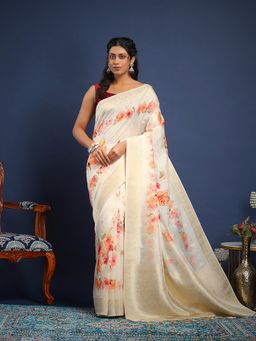 MEENA BAZAAR - Women Cream Art Silk Floral Print Saree Without Blouse