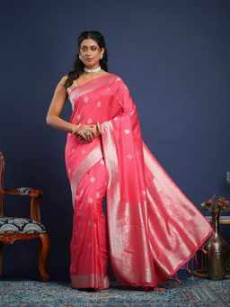 MEENA BAZAAR - Women Pink Art Silk Handloom Saree Without Blouse
