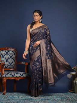 MEENA BAZAAR - Women Navy Blue Art Silk Handloom Saree Without Blouse