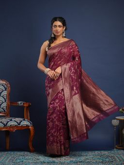 MEENA BAZAAR - Women Wine Art Silk Handloom Saree Without Blouse