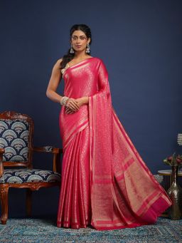 MEENA BAZAAR - Women Pink Crepe Handloom Saree Without Blouse