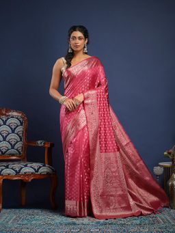 MEENA BAZAAR - Women Pink Art Silk Handloom Saree Without Blouse