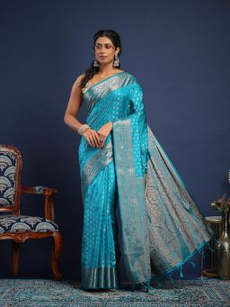 MEENA BAZAAR - Women Blue Art Silk Handloom Saree Without Blouse