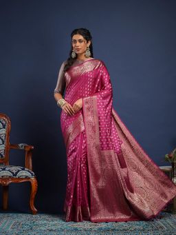 MEENA BAZAAR - Women Pink Art Silk Handloom Saree Without Blouse