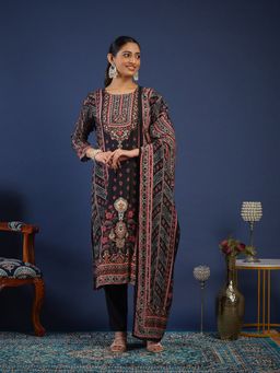 MEENA BAZAAR - Floral Printed Muslin Black Kurta with Pant and Dupatta