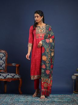 MEENA BAZAAR - Floral Printed Muslin Pink Kurta with Pant and Dupatta