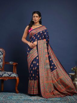 MEENA BAZAAR - Women Navy Blue Art Silk Paisley Printed Saree Without Blouse