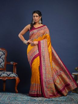 MEENA BAZAAR - Women Mustard Art Silk Printed Saree Without Blouse