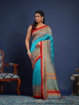 MEENA BAZAAR - Women Blue Art Silk Printed Saree Without Blouse