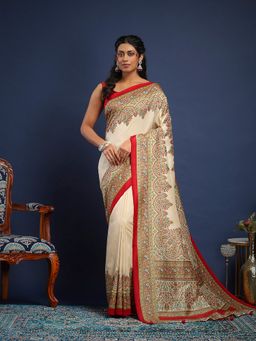 MEENA BAZAAR - Women Beige Art Silk Printed Saree Without Blouse