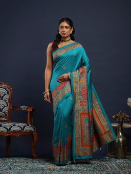 MEENA BAZAAR - Women Teal Art Silk Printed Saree Without Blouse