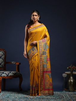 MEENA BAZAAR - Women Mustard Art Silk Printed Saree Without Blouse