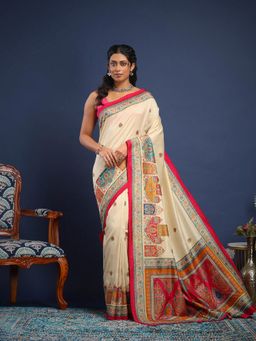 MEENA BAZAAR - Women Cream Art Silk Printed Saree Without Blouse
