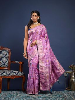MEENA BAZAAR - Women Lavender Art Silk Floral Print Saree Without Blouse