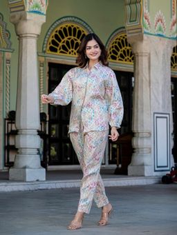 Saadgee - Ikkat Jam Cotton White Co-Ord Set