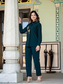 Saadgee - Italian Crepe Bottle Palm Tree Green Co-Ord Set