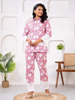 Saadgee - Cotton Floral Printed with Shiffli Detailing Pink
