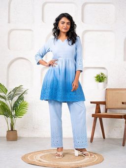 Saadgee - Cotton Shiffli Ombre Blue Co-Ord Set