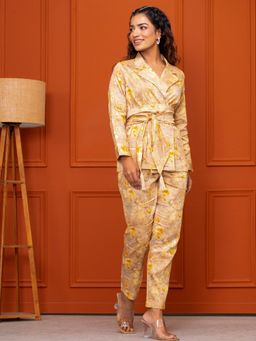 Saadgee - Jam Cotton Floral Printed Belted Yellow Co-Ord Set