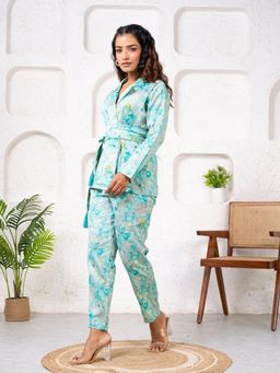 Saadgee - Jam Cotton Floral Printed Belted Blue Co-Ord Set