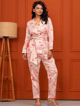 Saadgee - Jam Cotton Floral Printed Belted Peach Co-Ord Set