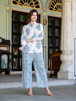 Saadgee - Pure Cotton Floral Printed Blue Co-Ord Set