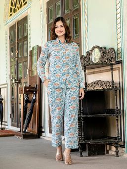 Saadgee - Pure Cotton Lace Detailing Blue Co-Ord Set