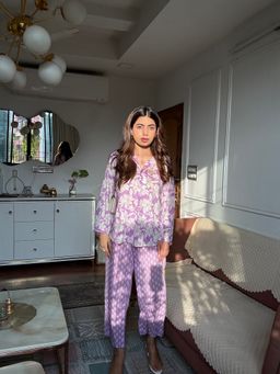 Saadgee - Pure Cotton Floral Printed Purple Co-Ord Set