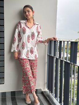 Saadgee - Pure Cotton Floral Printed White Co-Ord Set