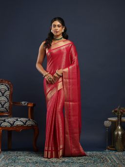 MEENA BAZAAR - Women Red Crepe Handloom Saree Without Blouse