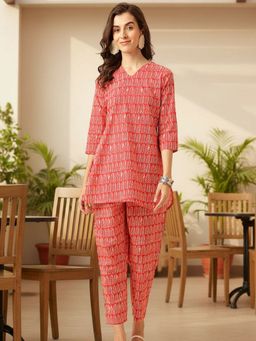 Shaily - Women'S Floral Printed Pure Cotton Red Co-Ord Set