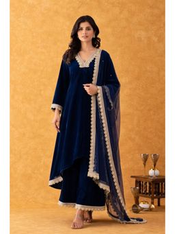 Rangpur - Women Midnight Blue Velvet Lace Work Kurta with Palazzo and Dupatta