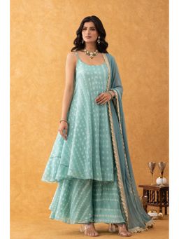 Rangpur - Women Seafoam Green Bandhani Printed Silk Kurta with Sharara and Dupatta