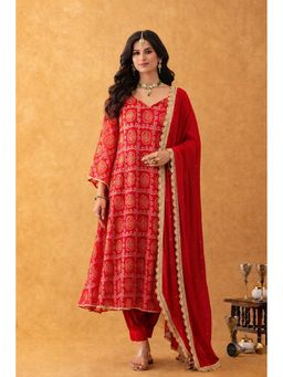 Rangpur - Women Red Bandhani Printed Kurta and Salwar with Dupatta
