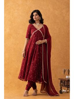 Rangpur - Women Wine Bandhani Printed Anarkali with Churidar and Dupatta
