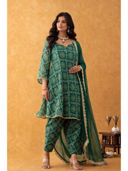 Rangpur - Women Green Bandhani Printed Kurta with Salwar and Dupatta