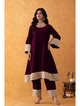 Rangpur - Women Velvet Wine Lace Work Kurta and Pant