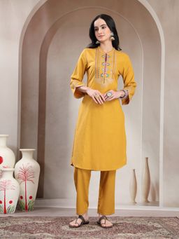 Nayam by lakshita - Mustard Cotton Flex Embroidered Neck Kurta and Pant