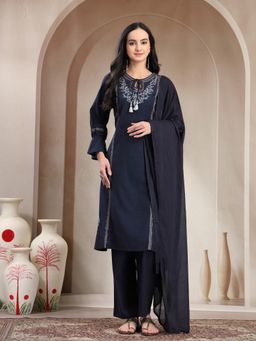 Nayam by lakshita - Navy Blue Embroidered Cotton Cambric Kurta with Pant and Chiffon Dupatta
