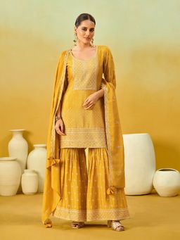 Shaily - Women'S Poly Chiffon Embroidered Yellow Kurta with Sharara and Dupatta