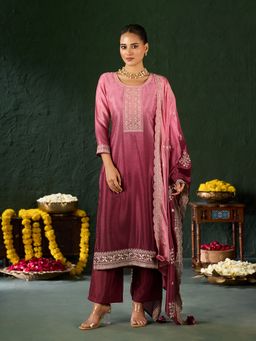 Shaily - Women'S Poly Chiffon Embroidered Pink Kurta with Pant and Dupatta