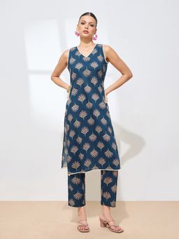 Shaily - Classic Cotton Printed Floral A-Line Blue Kurta with Pant