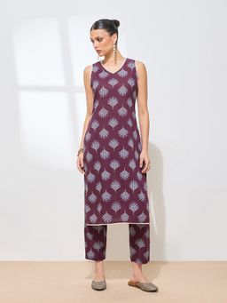 Shaily - Classic Cotton Printed Floral A-Line Purple Kurta with Pant
