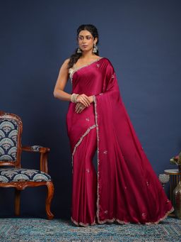 MEENA BAZAAR - Women Wine Art Silk Embellished Saree Without Blouse