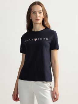 GANT - Navy Blue Solid Round Neck Short Sleeves T-Shirt
