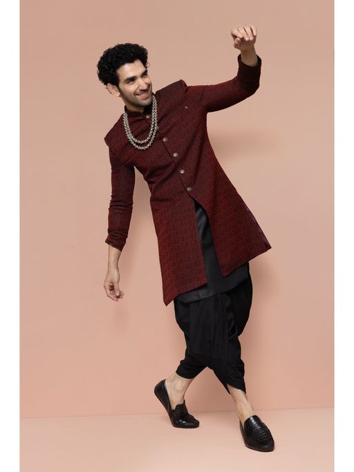 KISAH PLUS Men Maroon Kurta Sherwani Dhoti (Set of 3)