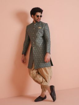 KISAH - Men Olive green Textured Silk Blend Indowestern Sherwani Dhoti Set with Floral Design