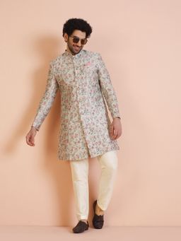 KISAH - Men Multi Coloured Printed Silk Blend Indowestern Sherwani Trouser Set with Zari Design